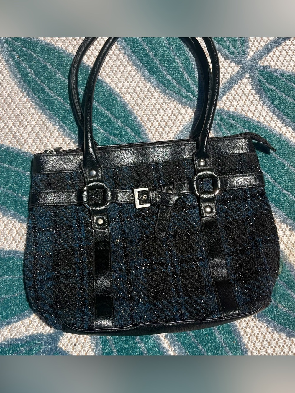 Croft & Barrow Black/Blue Glitter Plaid Tweed Leather Shoulder Bag